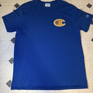 Champion Reverse Weave C Logo T‎ Shirt Blue Large Embroidered Patch Tee